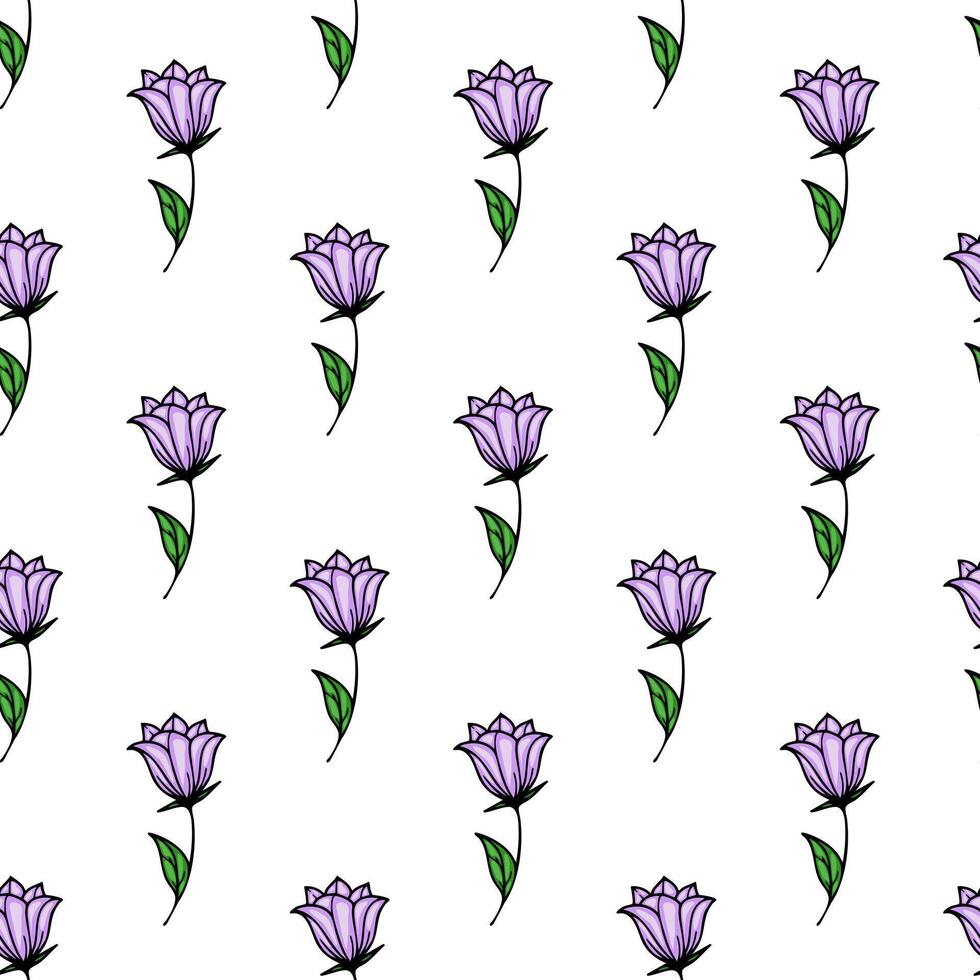 A seamless pattern featuring stylized purple bellbellflowers with green leaves on a white background. The bellbellflowers are illustrated with fine details and a delicate appearance. vector