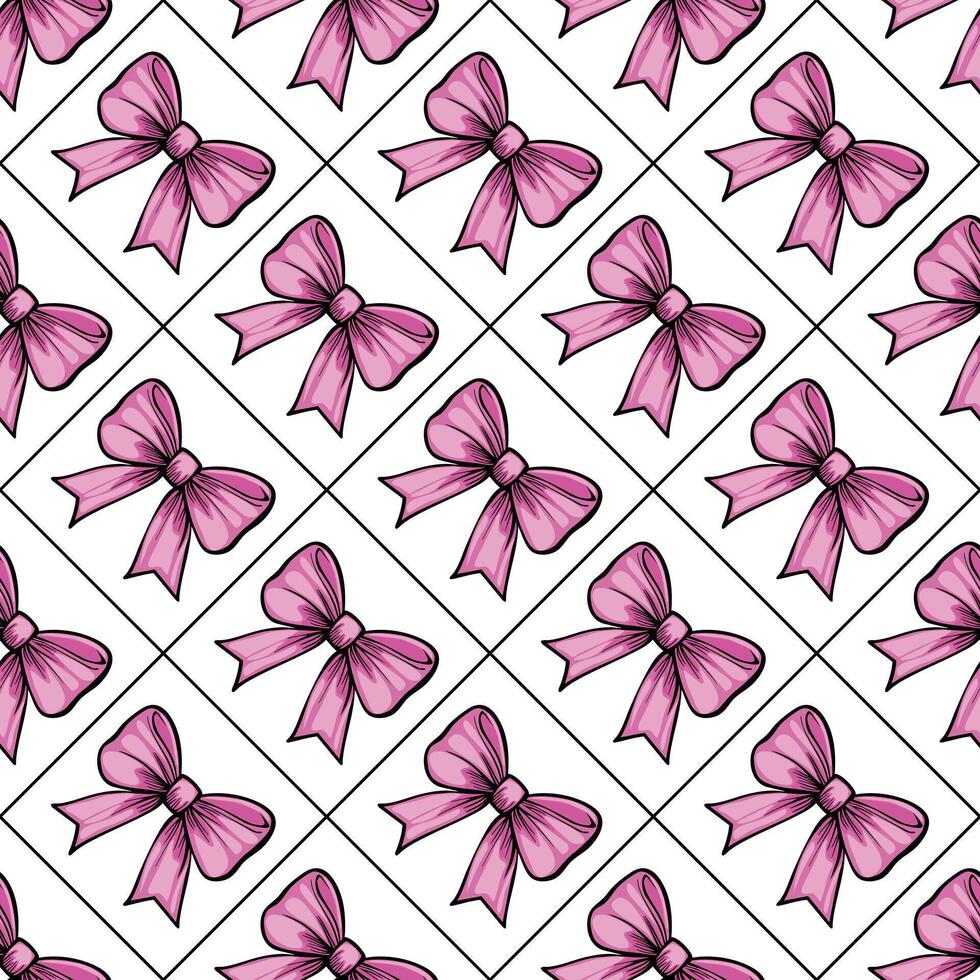 A seamless pattern featuring pink bows on a white background, arranged in a grid layout. The bows are outlined and have a glossy appearance, creating a playful and cheerful design. vector