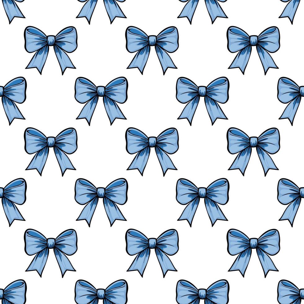 A seamless pattern featuring multiple blue bows on a white background, arranged in a grid layout. The bows are illustrated with a glossy finish and detailed shading. vector