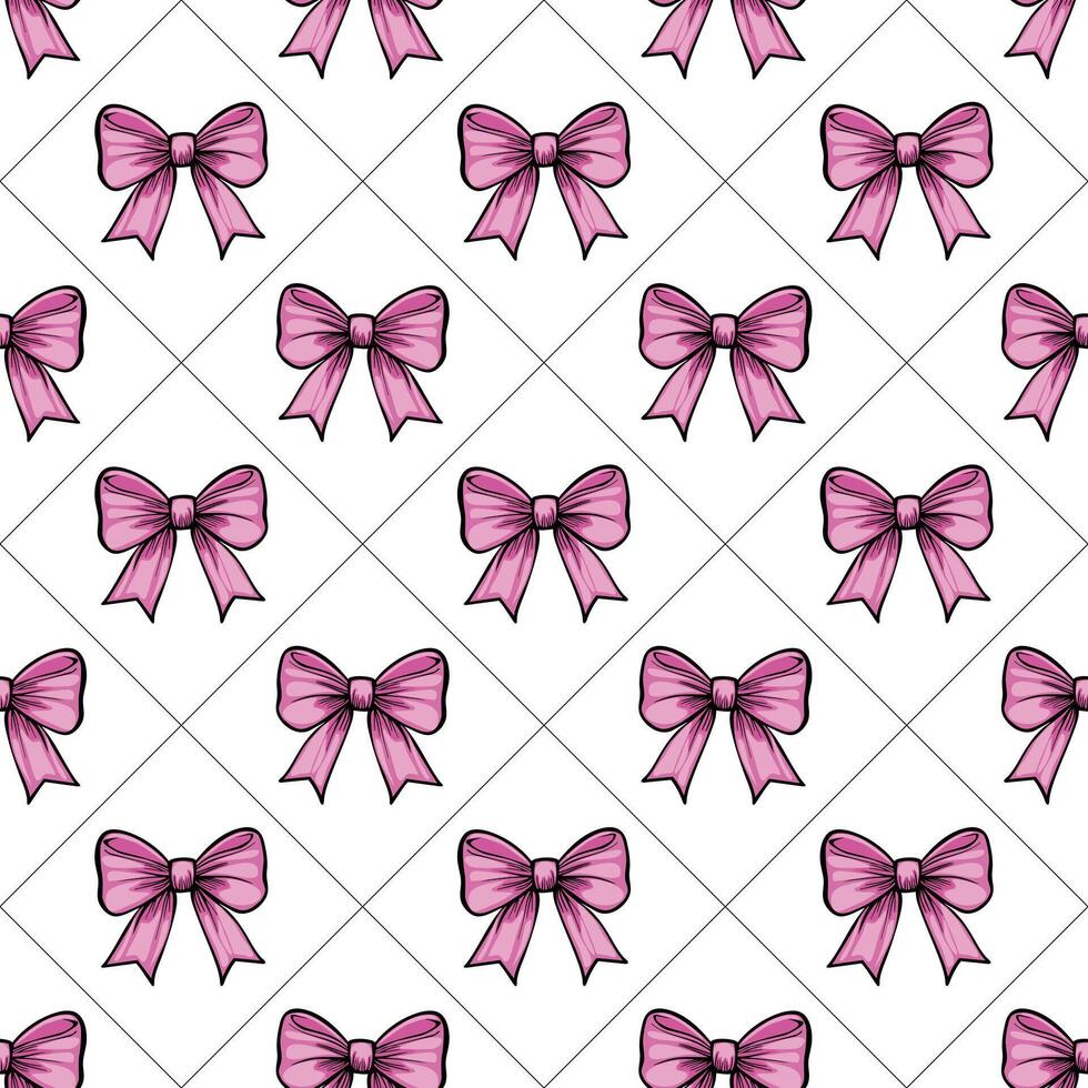 A seamless pattern featuring pink bows on a white background, arranged in a grid layout. The bows are illustrated with a simple, cartoonish style, emphasizing their shape and color. vector