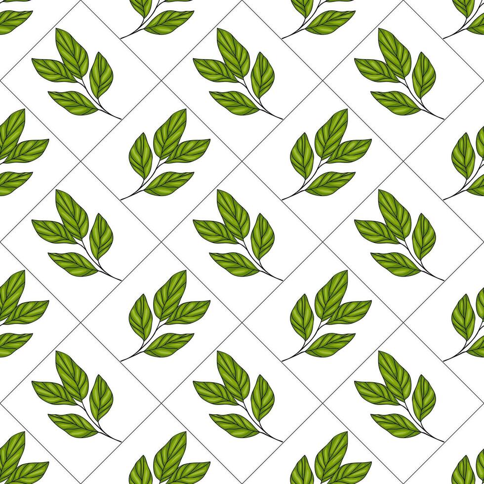 A seamless pattern featuring green leaves arranged in a diamond grid on a white background. The leaves vary in shape and size, creating a fresh and natural look. vector