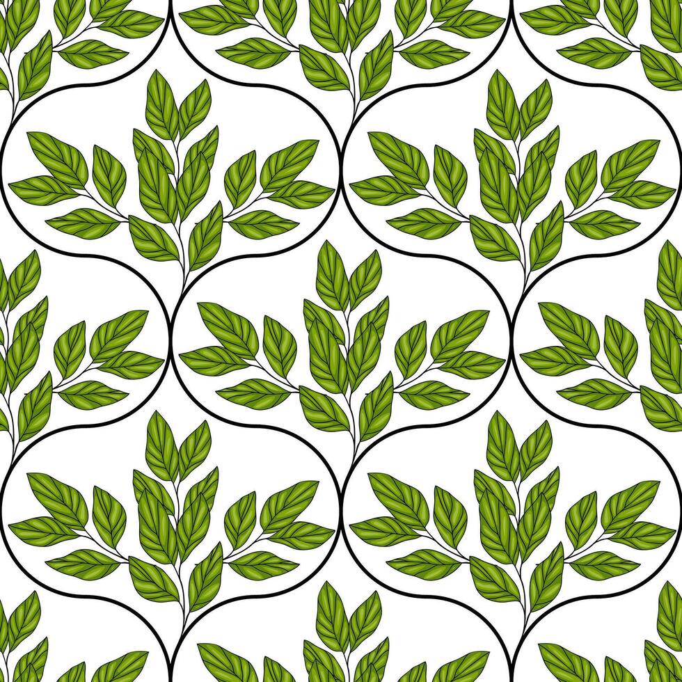 A seamless pattern featuring green leaves arranged in a symmetrical design over a white background. The leaves are outlined with black, creating a striking contrast. vector