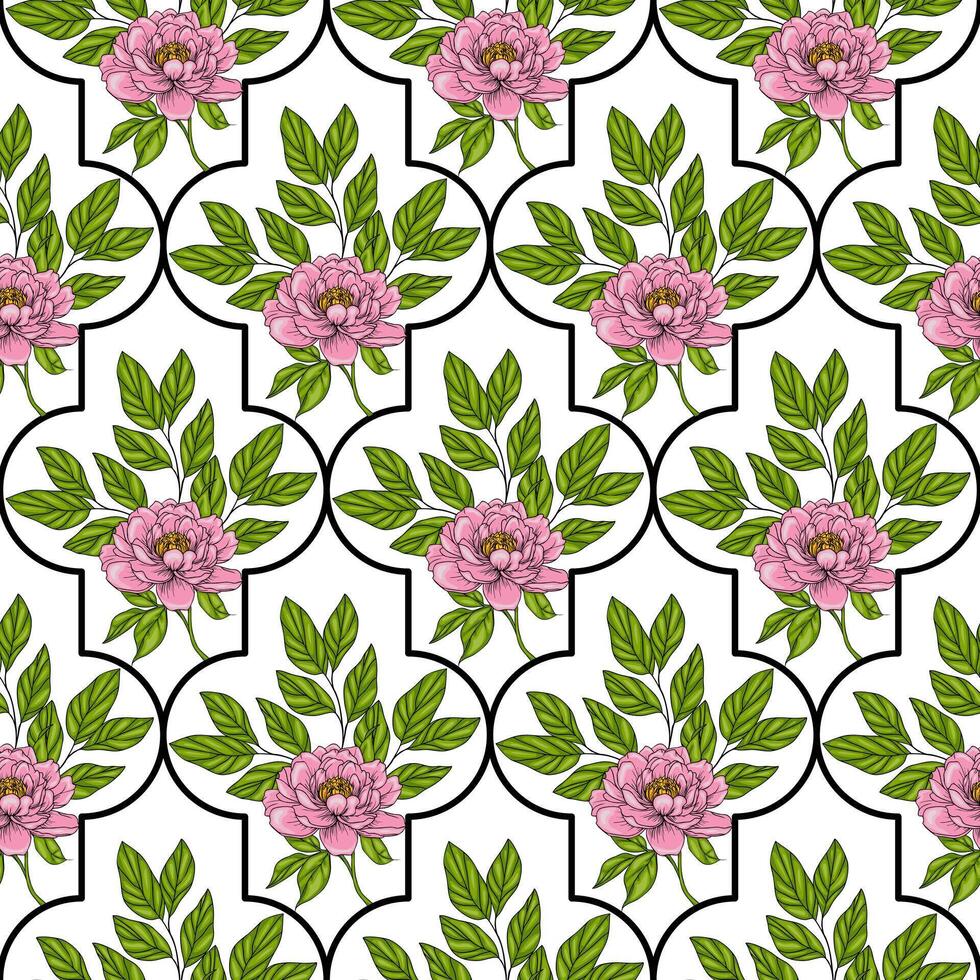 A seamless floral pattern featuring pink flowers and green leaves on a white background. The design is structured with black outlines creating a geometric effect. vector