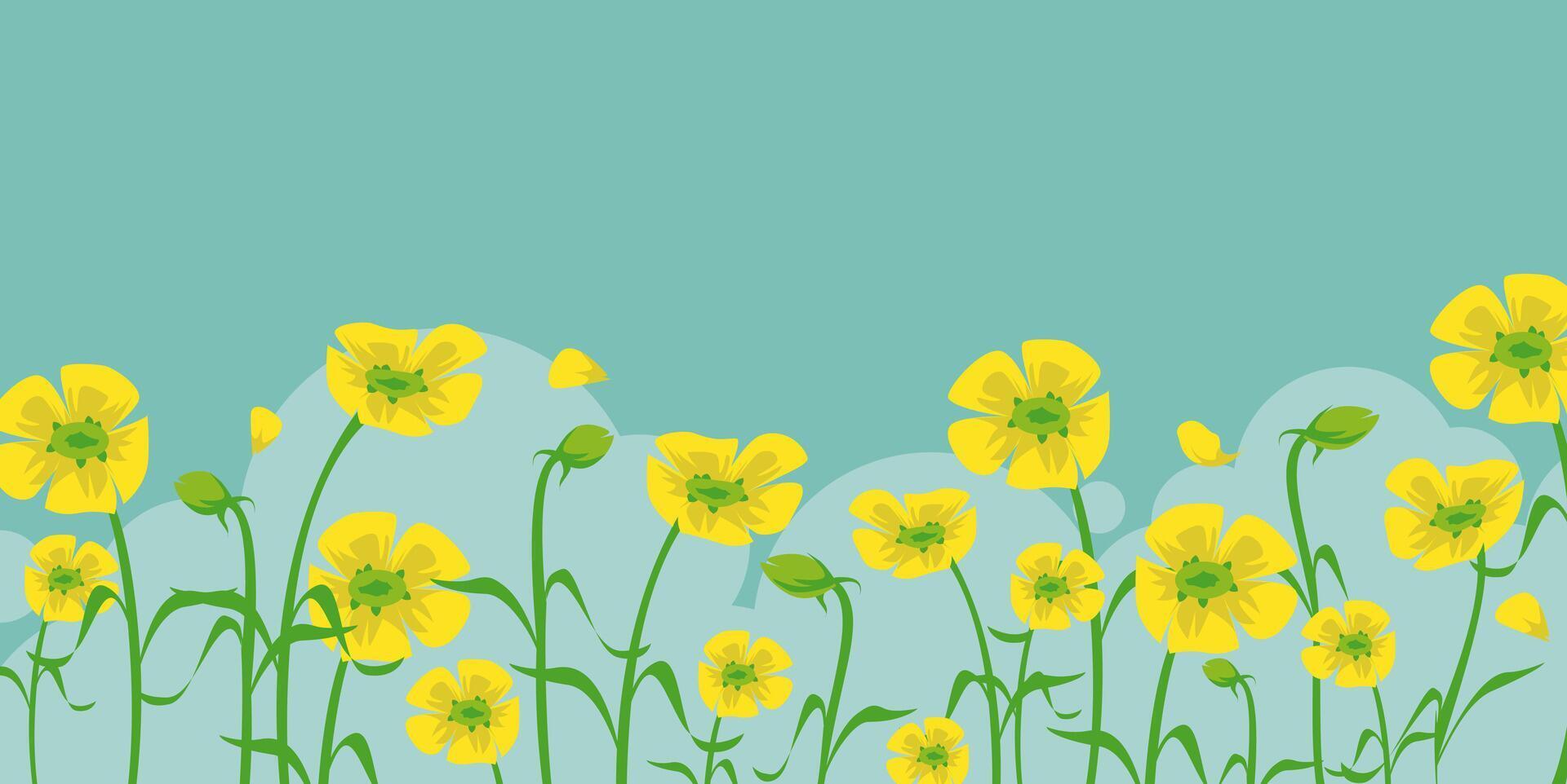 Cute groovy yellow flowered background, bright floral decoration backdrop with empty area vector