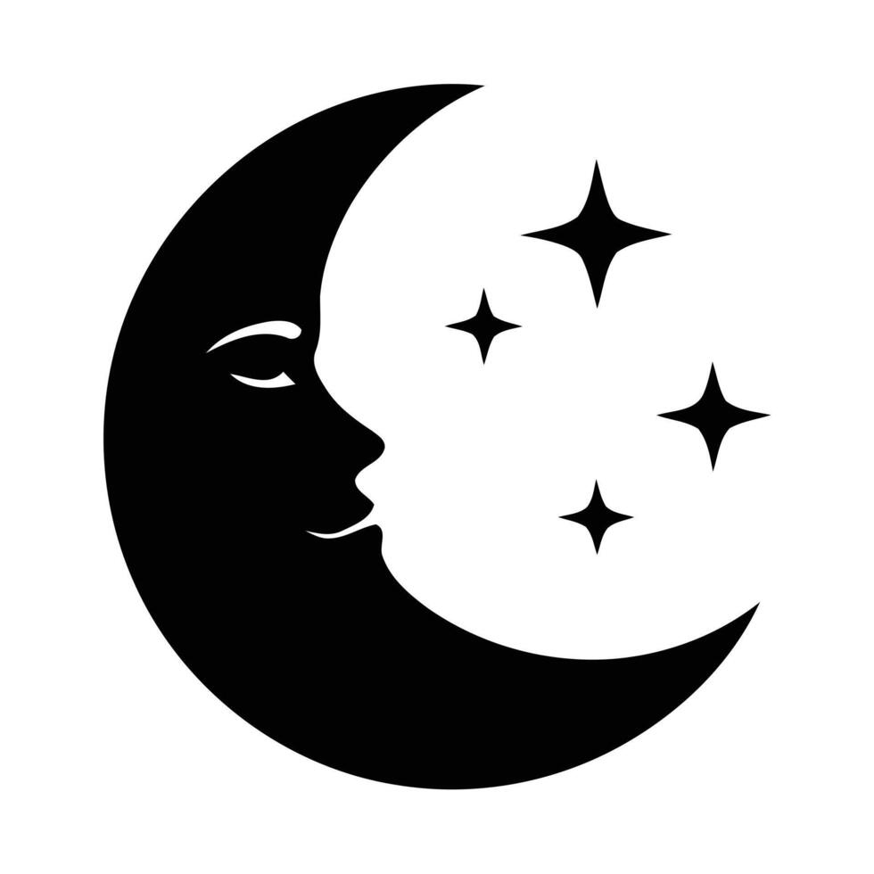 Mystical crescent moon with a human face and stars vector