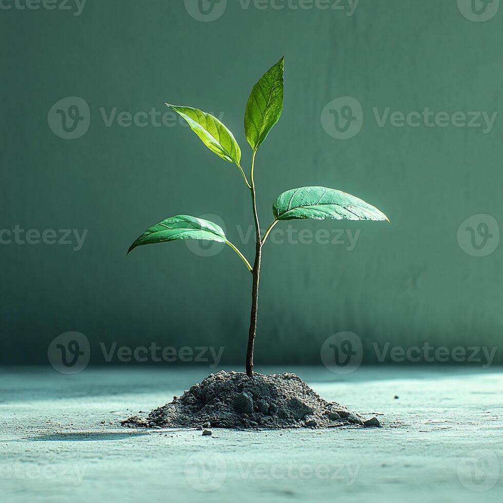 Young Plant Growing Through Cracked Concrete, Symbol of Hope photo