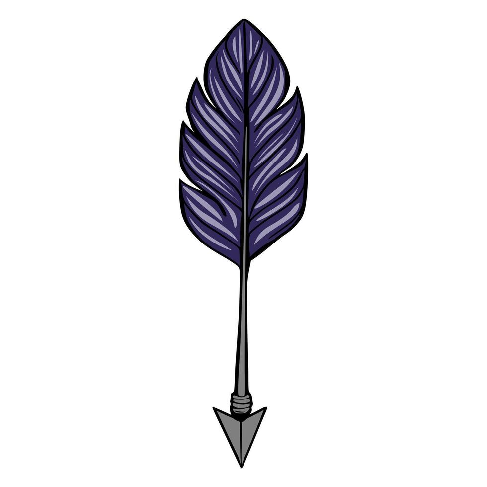 A illustration of a stylized dark purple feather arrow, featuring detailed quill texture and a metallic arrowhead, perfect for design projects needing a touch of mystical or tribal flair. vector