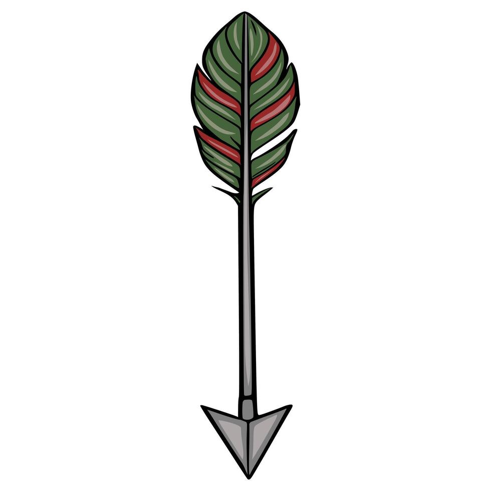 A illustration of a stylized arrow with a detailed green and red feather, perfect for tribal or nature-themed designs. vector