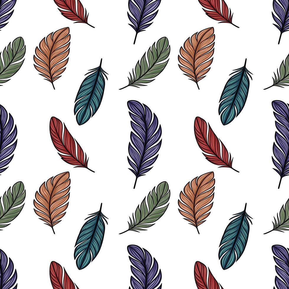 Seamless pattern of colorful hand-drawn feathers with detailed texture and line art style, perfect for textile prints and boho designs. vector