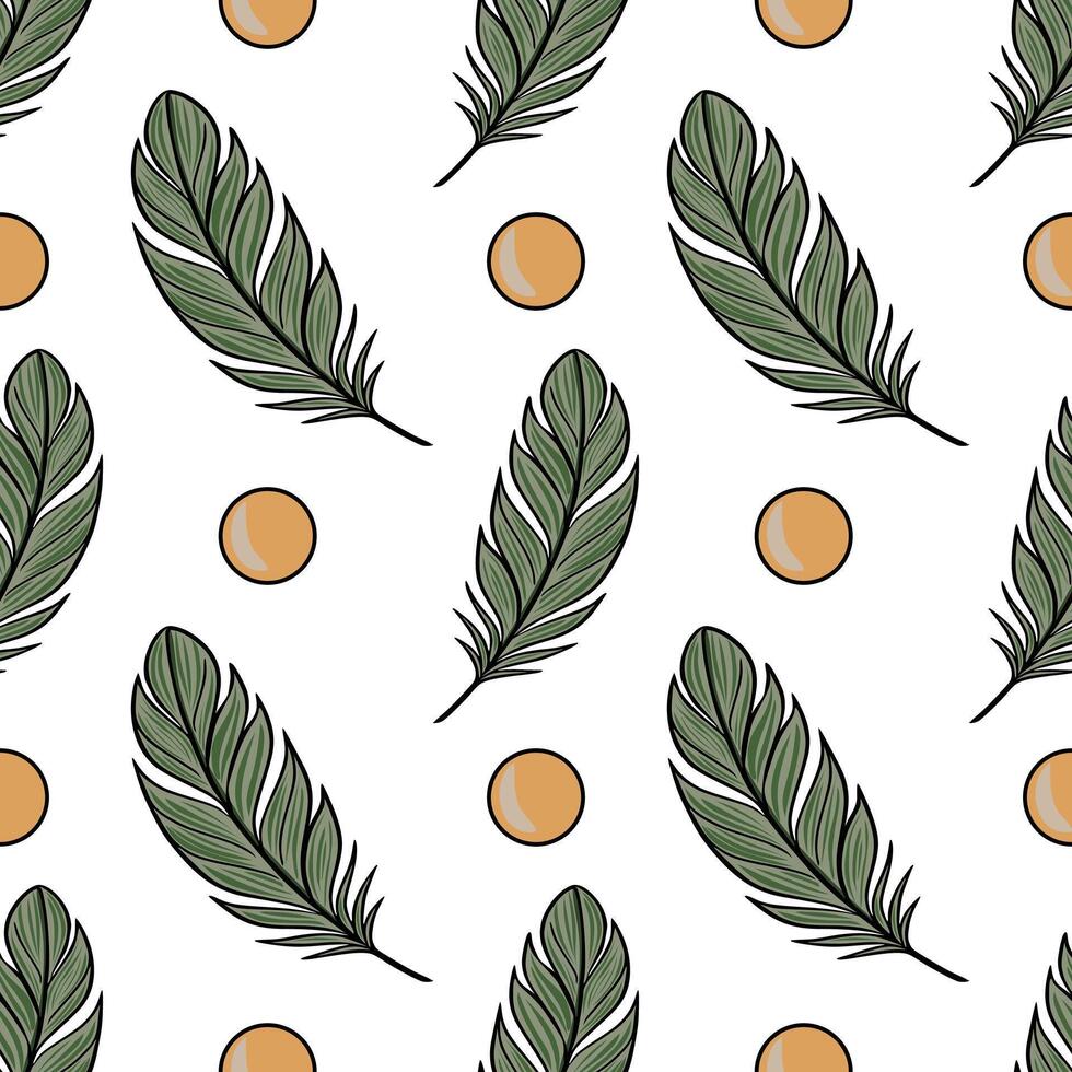Seamless pattern with stylized tropical leaves and ochre circles, creating a minimalist and elegant design ideal for textile prints or summer-themed projects. vector