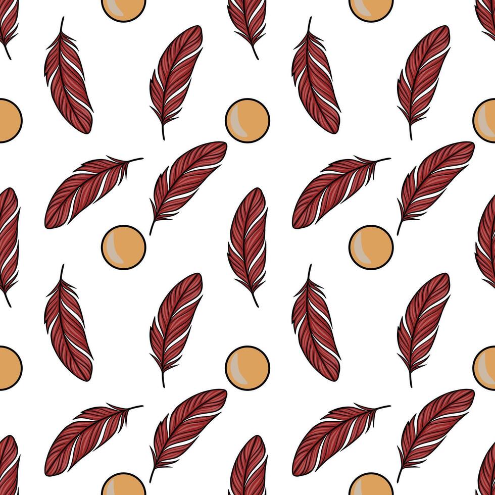 Seamless pattern of maroon feathers and ochre circles on white background, creating a stylish and elegant design. vector