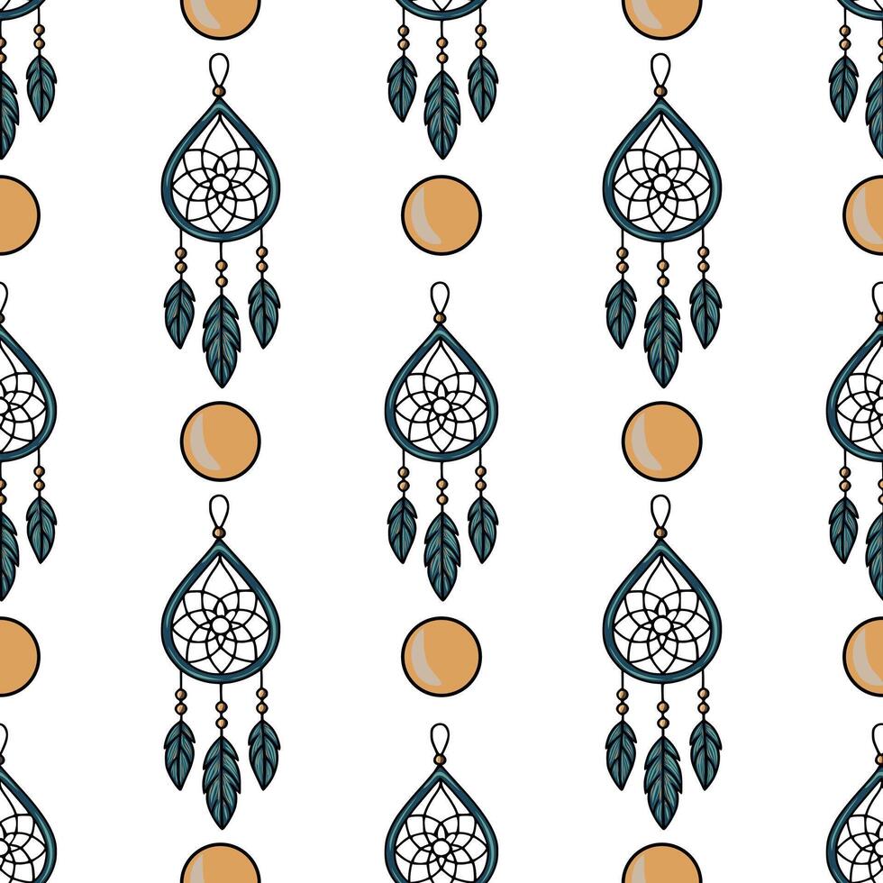 Seamless pattern with teal dream catchers and ochre circles, creating a bohemian and mystical design perfect for textile prints, wallpapers, or web backgrounds. vector