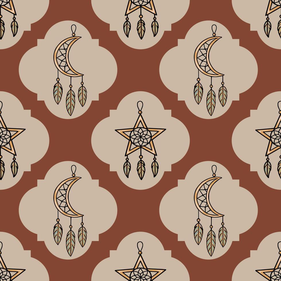 Seamless pattern with boho dreamcatchers in star and crescent moon shapes, adorned with feathers, set against a terracotta and beige background featuring a unique geometric pattern. vector