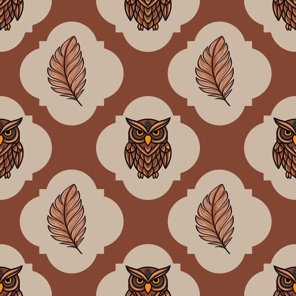 Seamless pattern featuring stylized owls and feathers in earthy brown and beige tones, arranged in a repeating geometric design with unique quatrefoil shapes. vector
