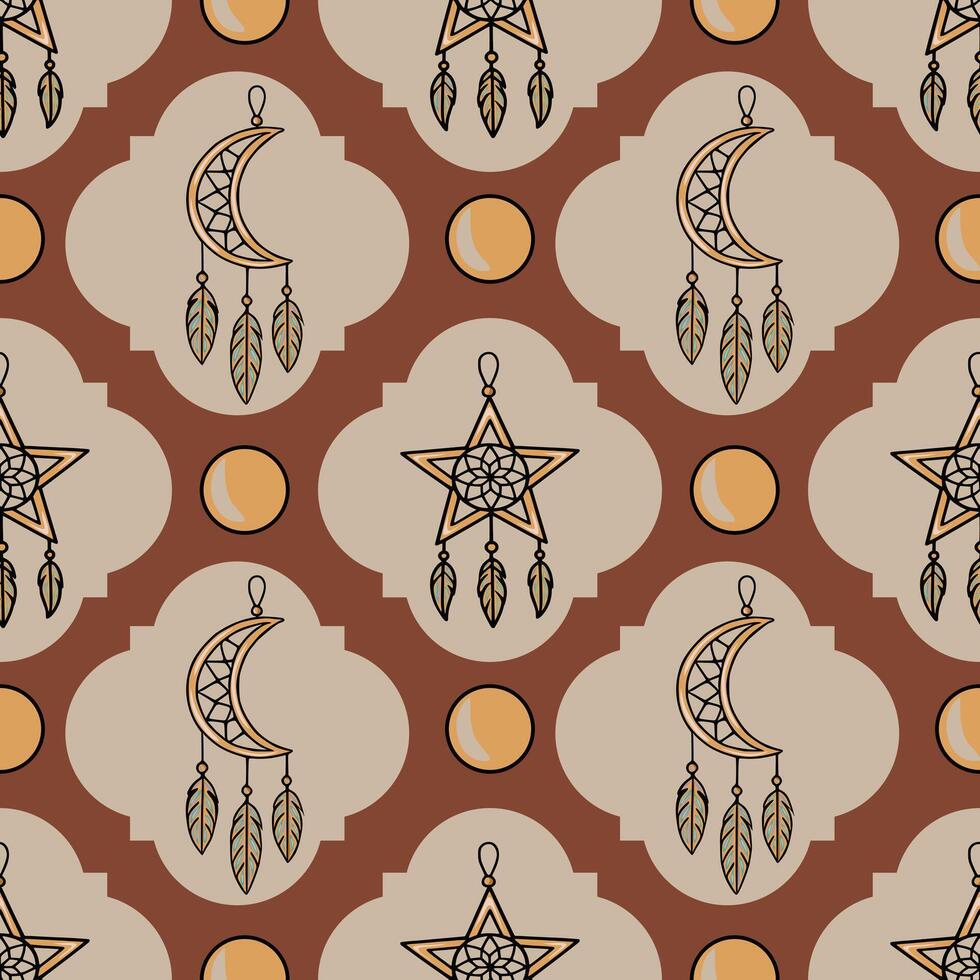 Seamless pattern with boho dreamcatchers in moon and star shapes, adorned with feathers, set against a backdrop of terracotta and beige geometric shapes. vector