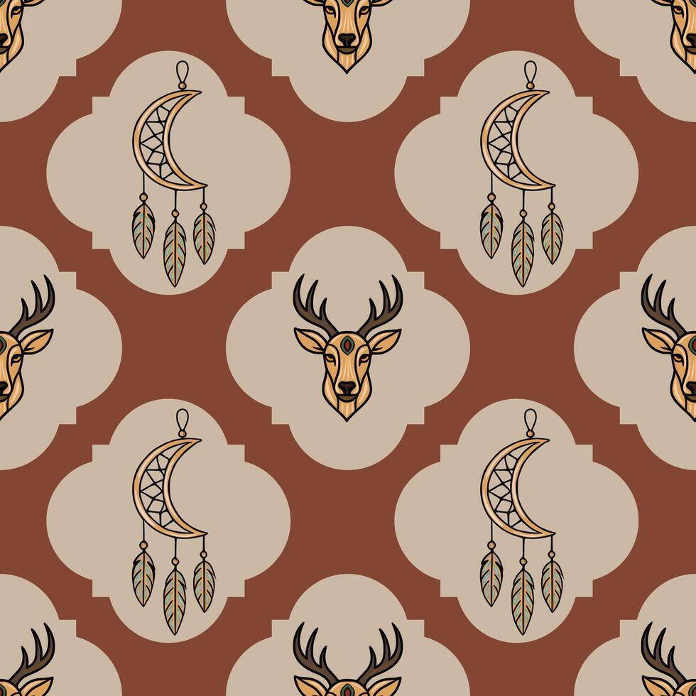 Seamless pattern with stylized deer heads and crescent moon dreamcatchers, featuring a unique terracotta and beige color palette and geometric design elements. vector