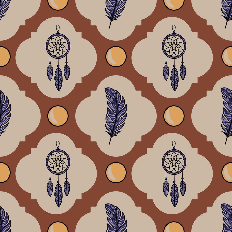 Seamless pattern with dream catchers, feathers, and moons in terracotta and beige tones, featuring a unique geometric cloud-like shape repeating design. vector