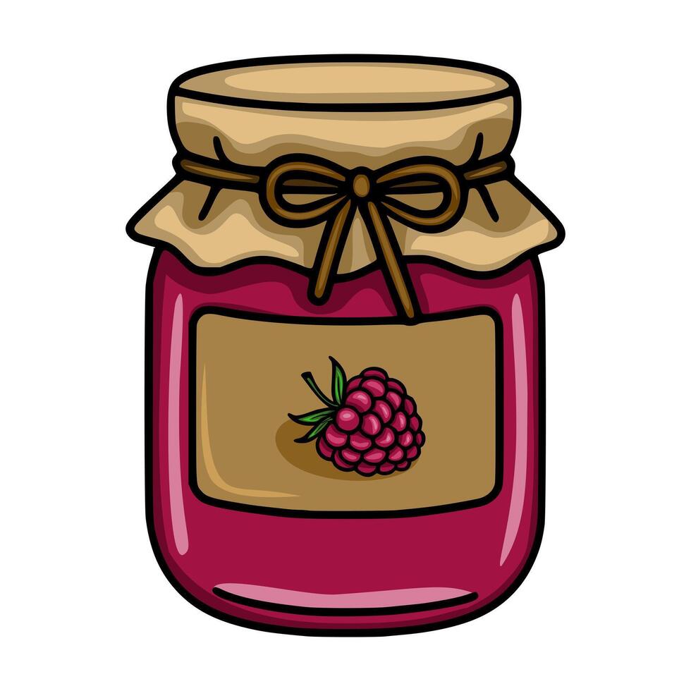 Delightful illustration of a raspberry jam jar with a hand-drawn style, featuring a charming paper lid tied with a brown ribbon and a label showcasing a single raspberry. vector
