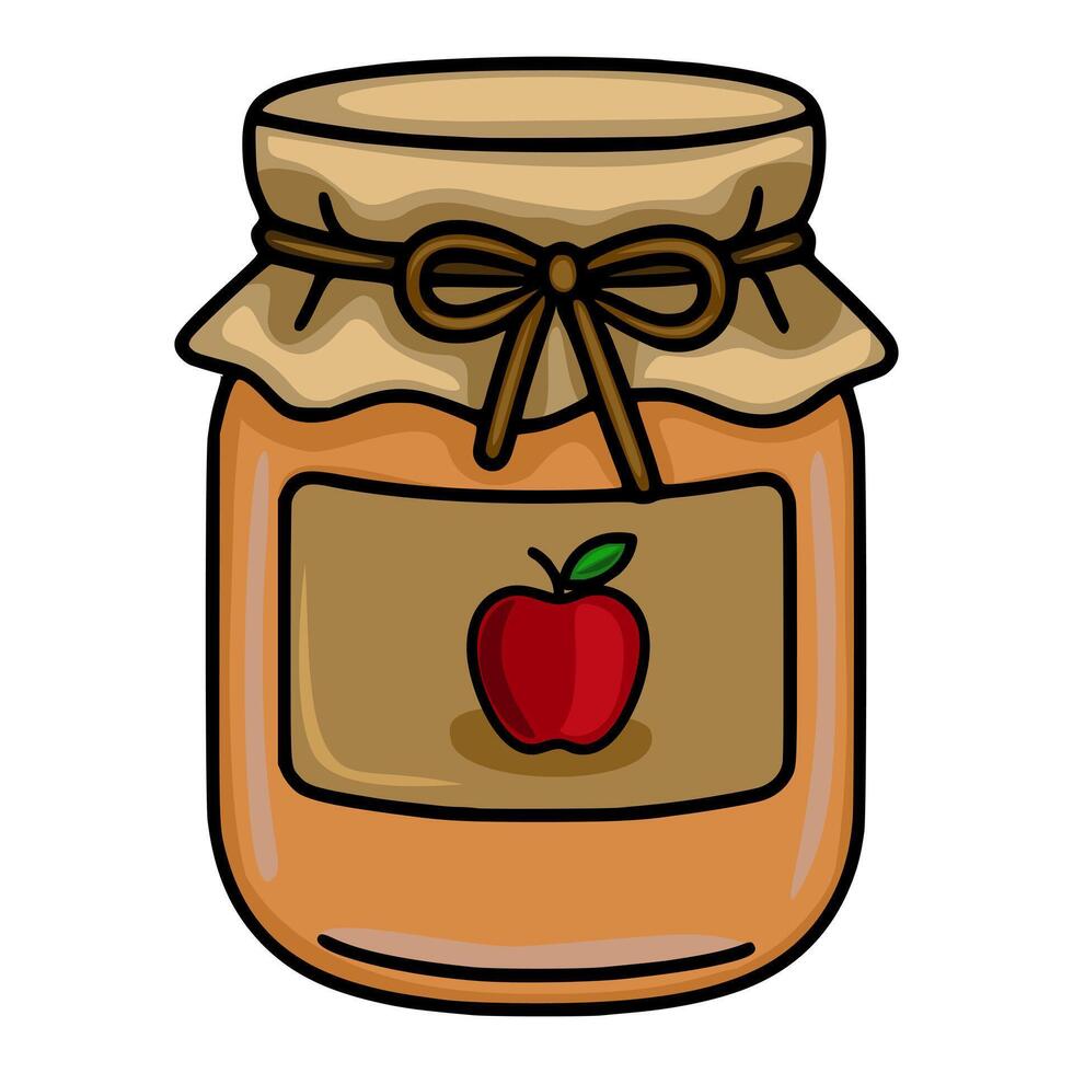 illustration of a charming apple jam jar with a kraft paper lid tied with a brown ribbon, featuring a simple apple label design. vector