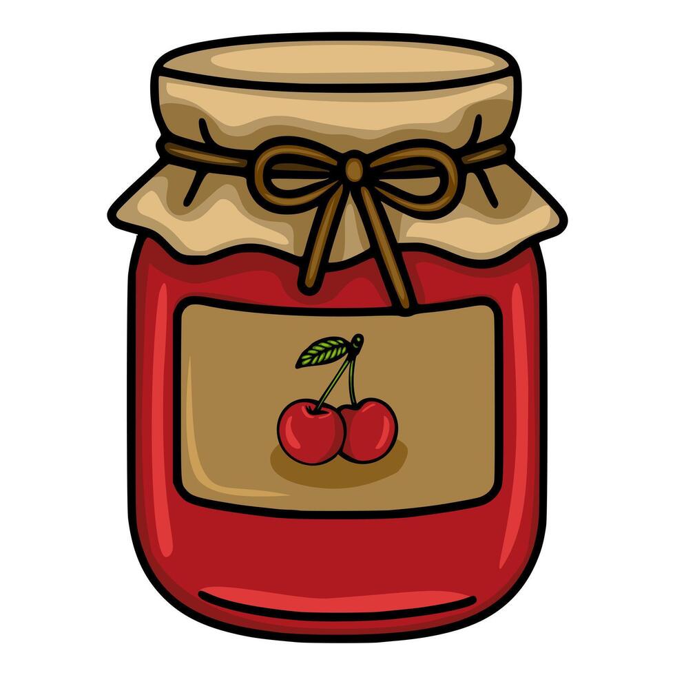 Charming illustration of a glass jar filled with cherry jam, featuring a kraft paper lid tied with a brown ribbon and a simple label depicting two ripe cherries. vector