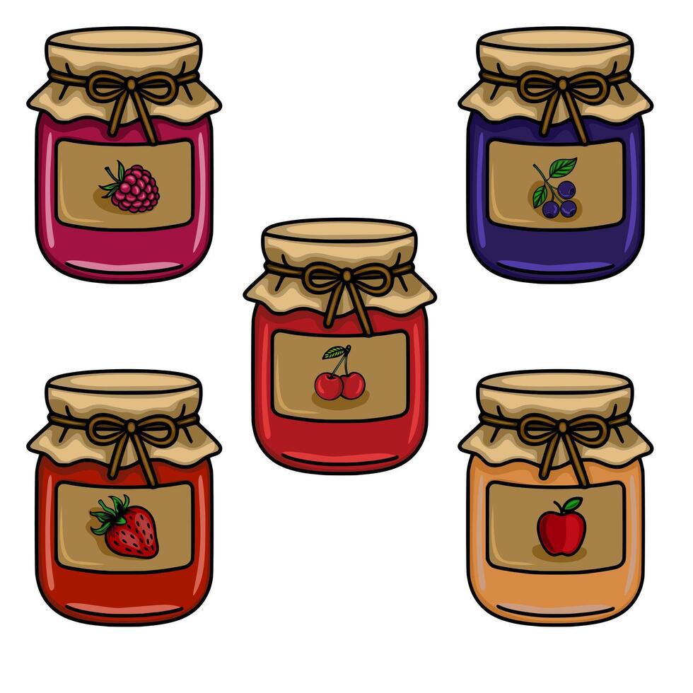 A charming illustration of five jars of fruit jam, each featuring a different berry or fruit and a rustic design, perfect for food blogs, packaging, or kitchen-themed projects. vector