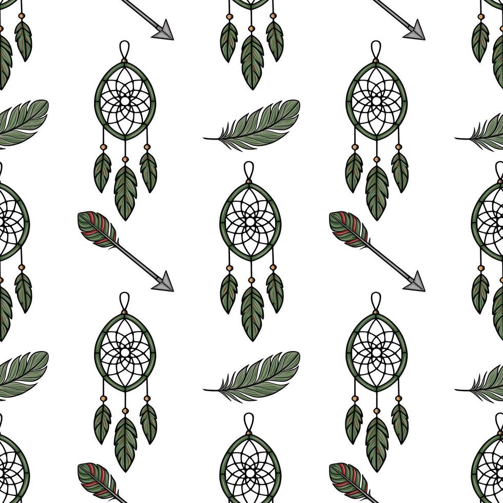 Seamless pattern featuring dreamcatchers, arrows, and feathers in a muted green palette, ideal for textile design or boho-style backgrounds. vector