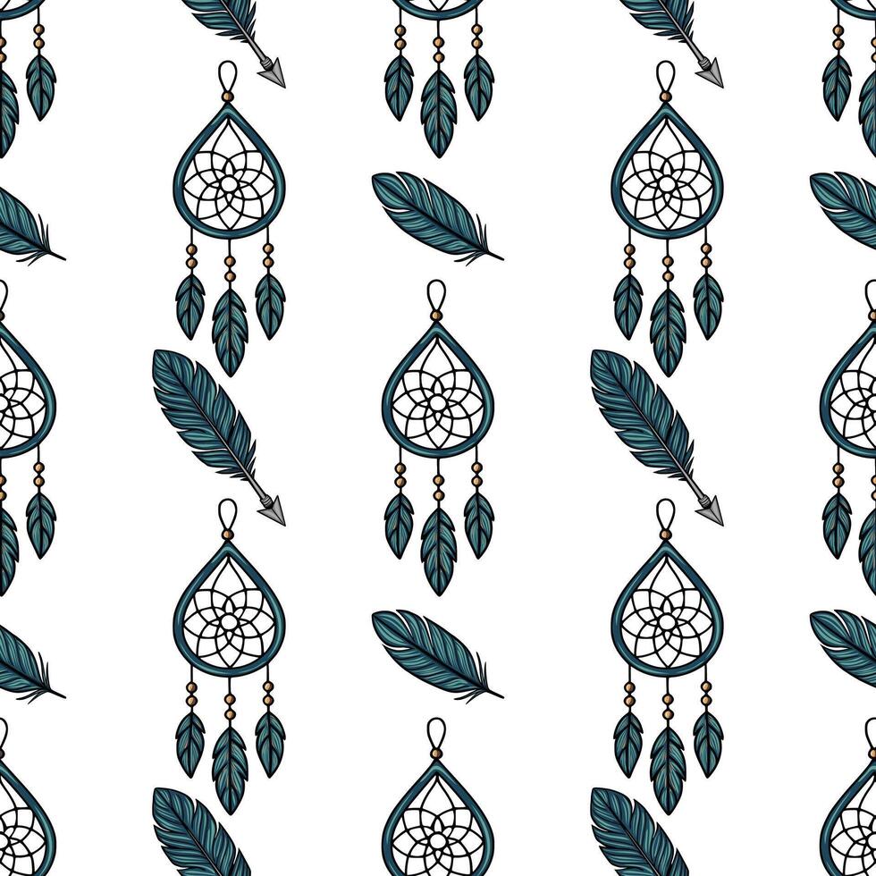 Seamless pattern featuring teal dream catchers, feathers, and arrows, creating a bohemian-inspired design perfect for textile prints or web backgrounds. vector