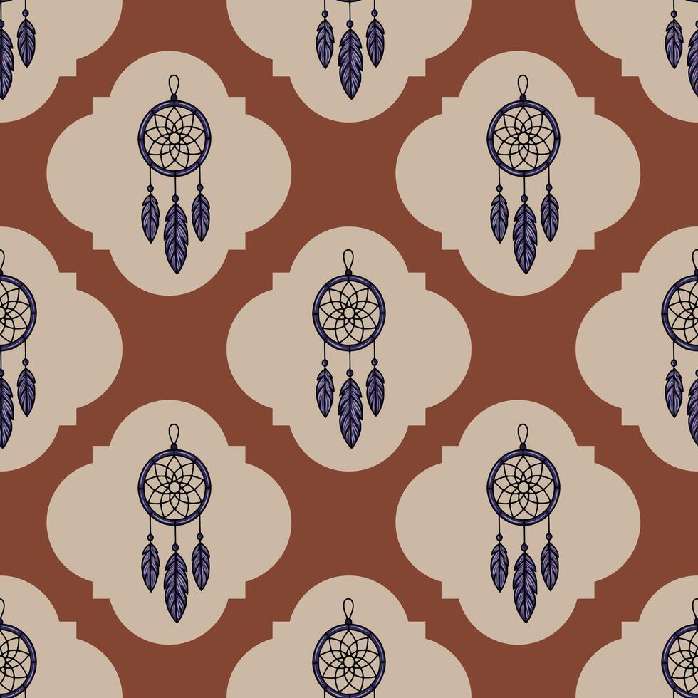 Seamless pattern featuring dream catchers with purple feathers, set against a backdrop of terracotta and beige geometric shapes, creating a bohemian and mystical vibe. vector