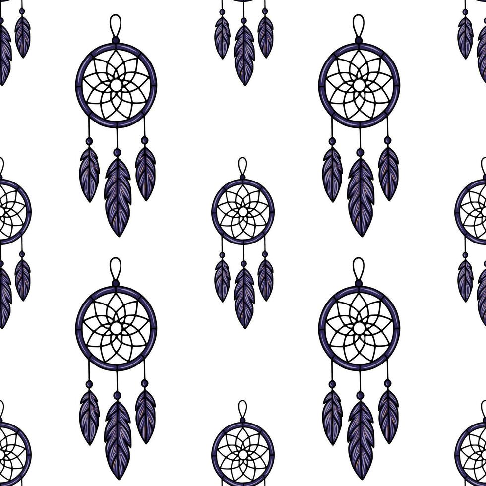 Seamless pattern of dark purple dream catchers with detailed feathers, creating a mystical and bohemian vibe, perfect for textile or web design. vector