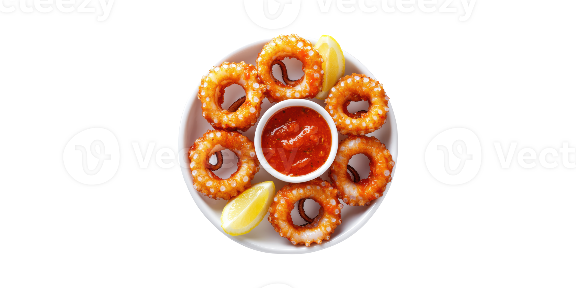 Fried Calamari Rings With Marinara Sauce And Lemon Wedges Plate. Seafood Appetizer Delight Isolated On Transparent Background png