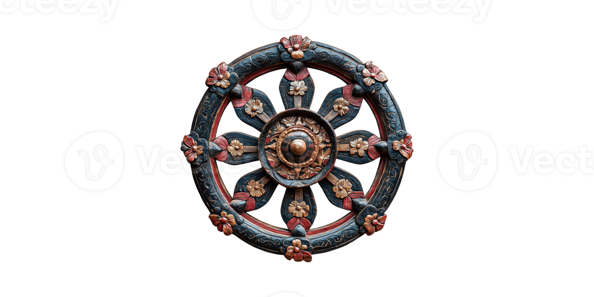 Ornate Wooden Dharma Wheel With Floral Motifs. Symbol Of Spirituality And Buddhist Philosophy Isolated On Transparent Background png