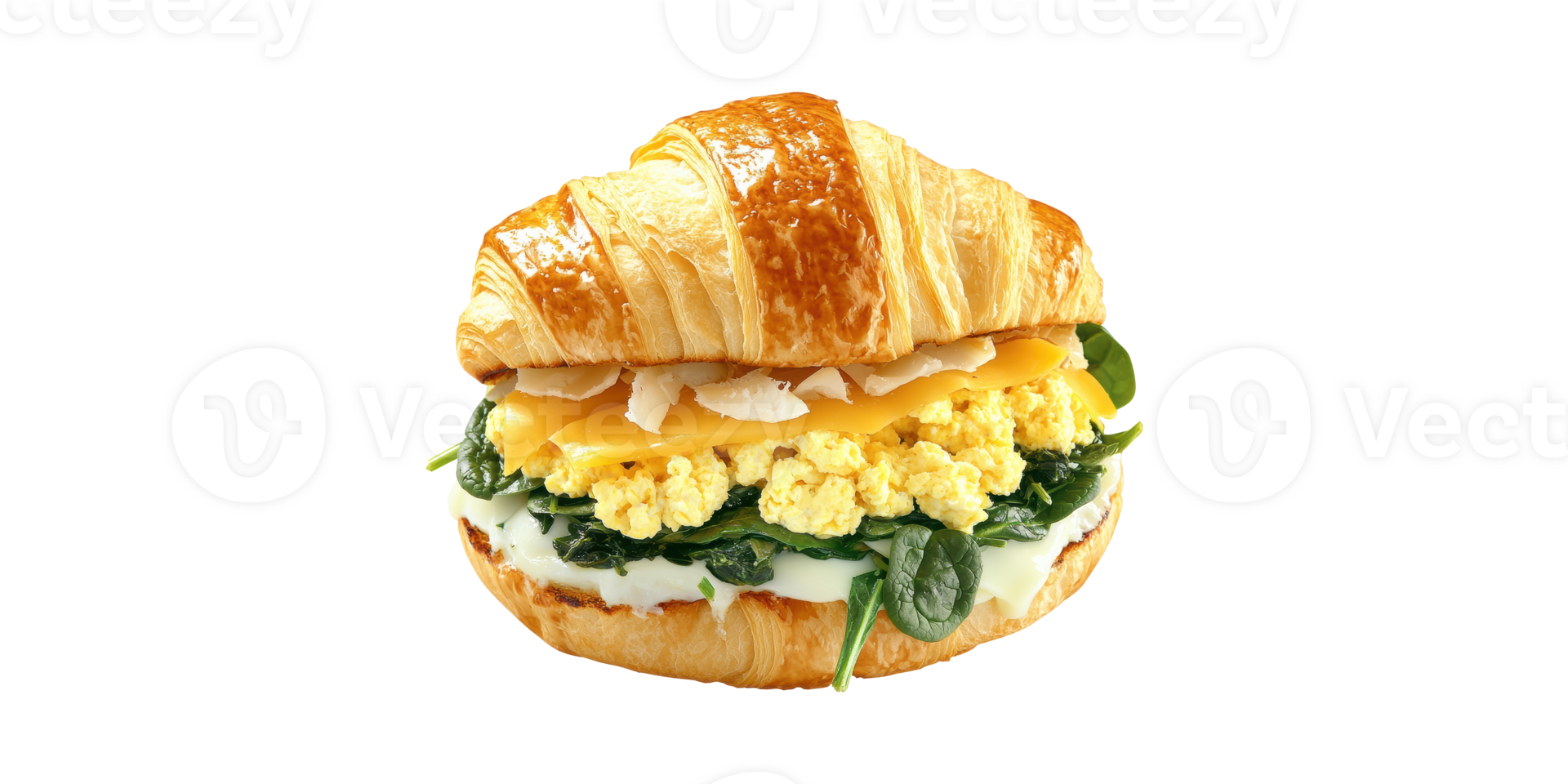 Croissant Breakfast Sandwich With Scrambled Eggs, Cheese, And Spinach. Gourmet Brunch Delight Isolated On Transparent Background png