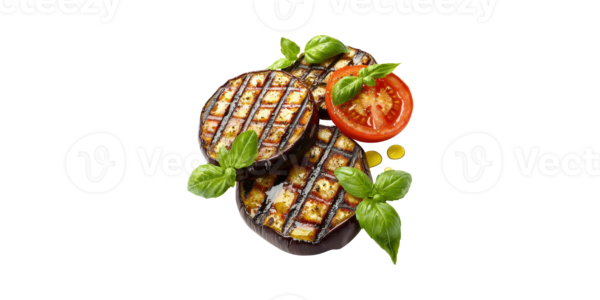 Grilled Eggplant With Tomato And Basil Garnish. Fresh Mediterranean Cuisine Isolated On Transparent Background png