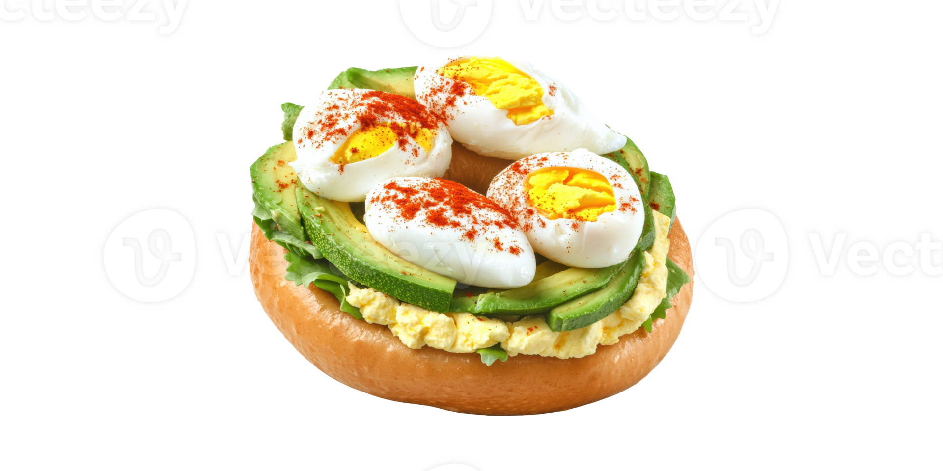 Avocado And Egg Bagel With Paprika. Healthy Breakfast Option Isolated On Transparent Background png
