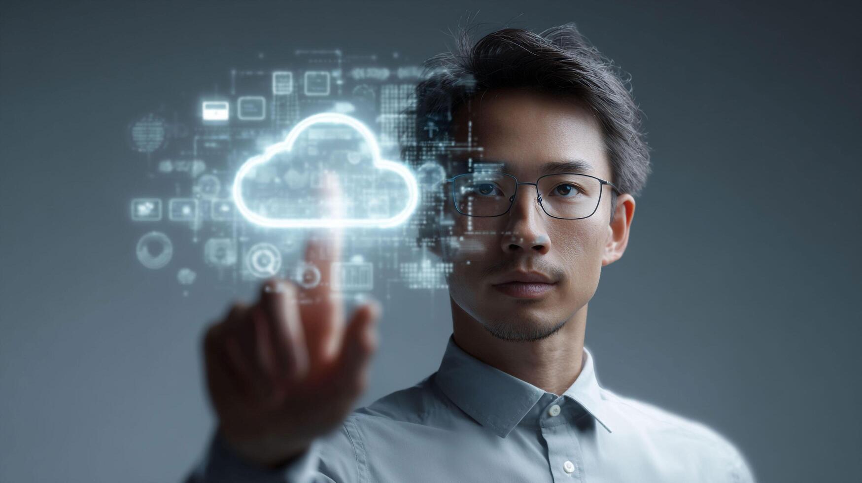 Man Using Virtual Cloud Interface in Futuristic Office photo