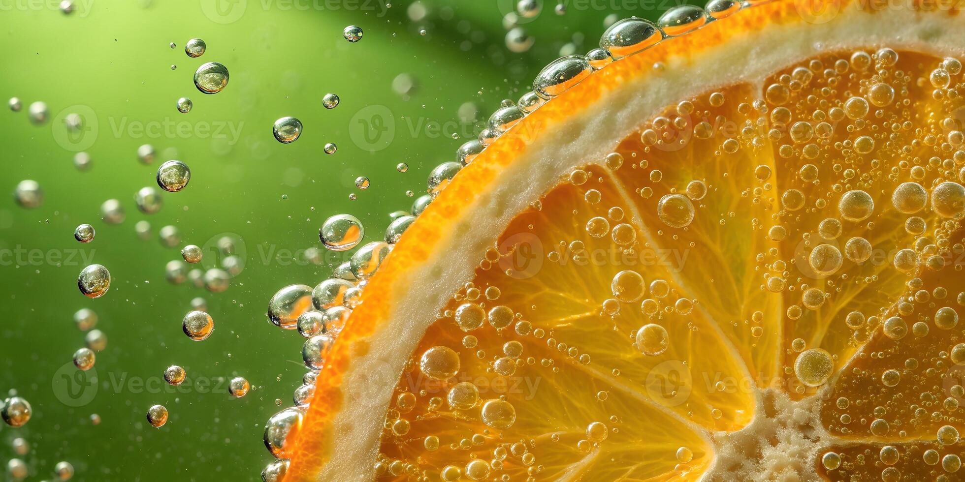 Macro Image of Orange Slice with Water Droplets on Green Background photo