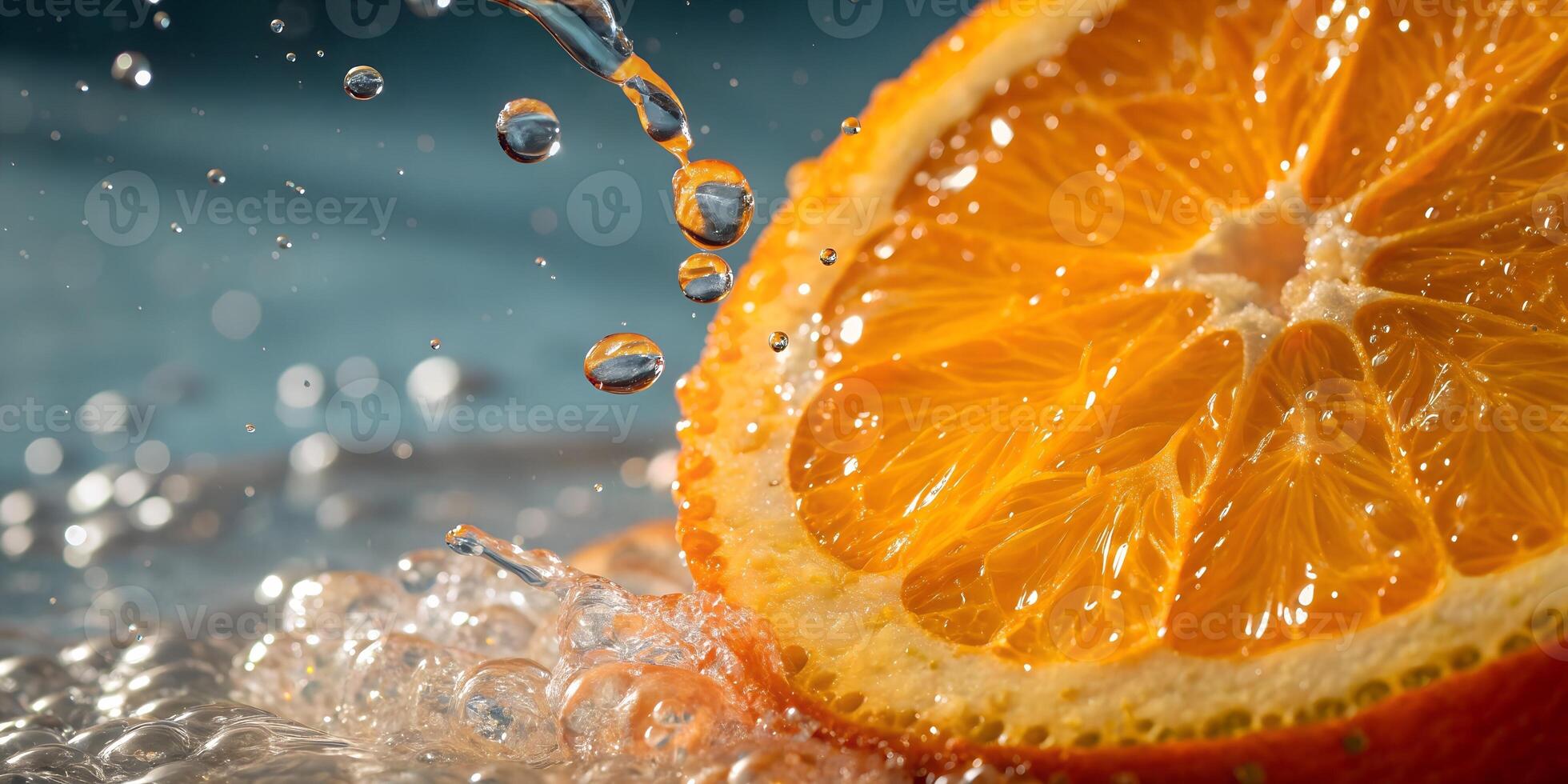 Splashing Orange Slice in Water Macro Shot with Droplets photo