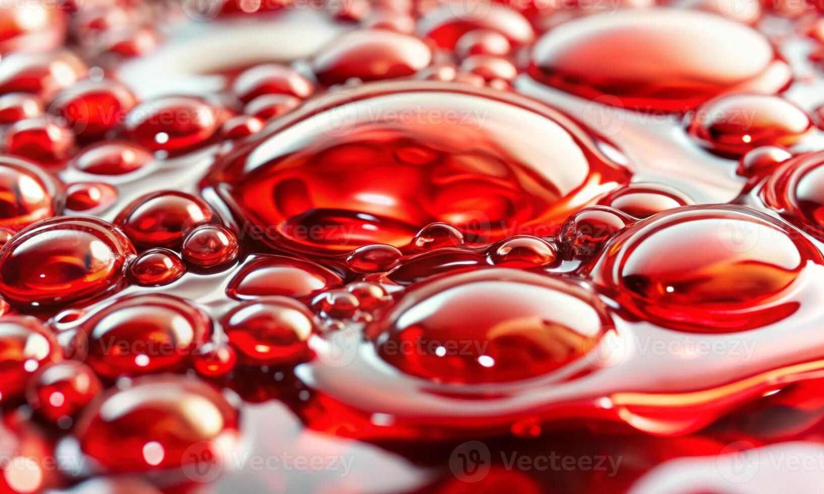 Drops and bubbles of oil in the red liquid, creating organic bubble shapes photo