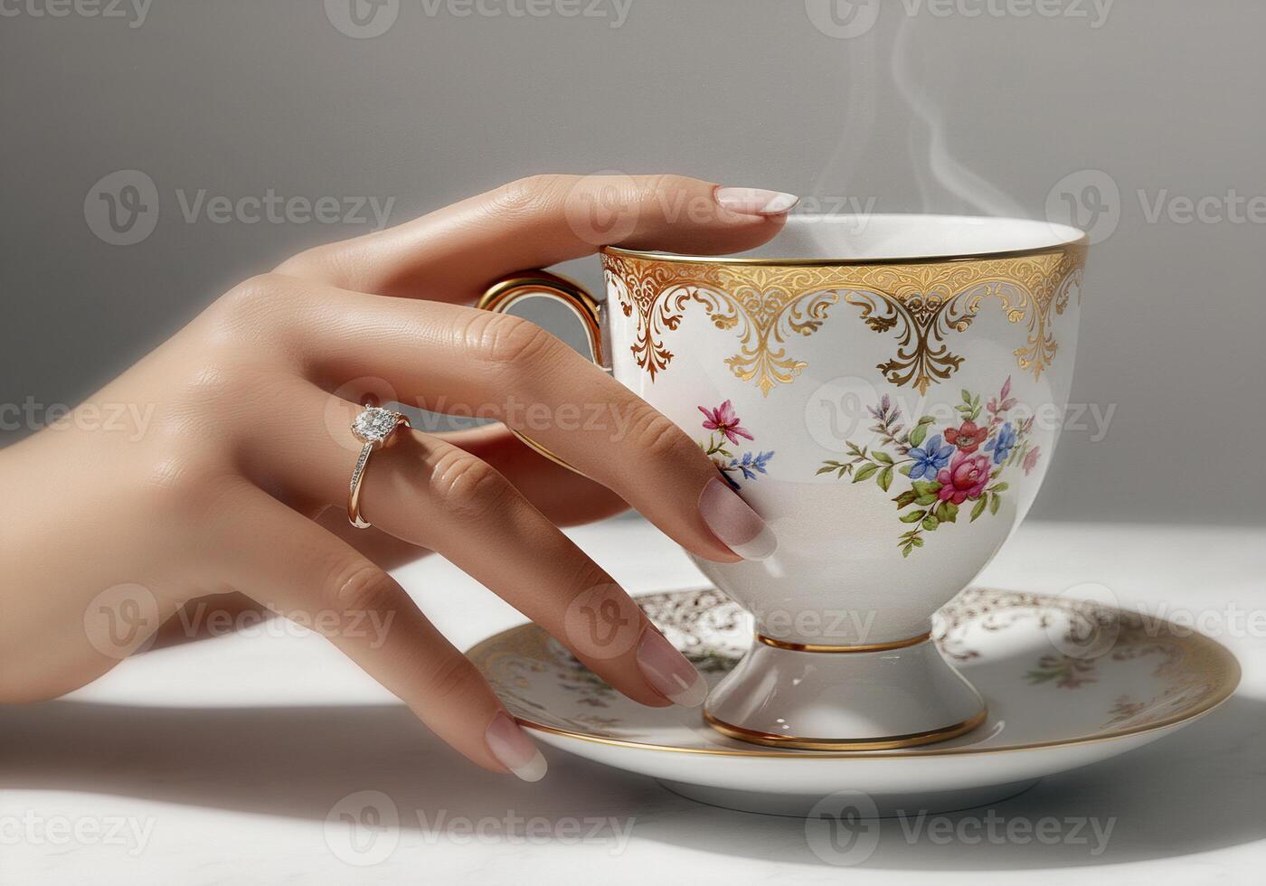 beautiful, steaming cups of tea in delicate hands. photo