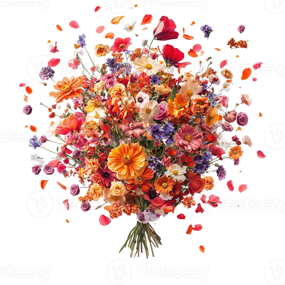 Dynamic Arrangement of Wildflowers in an Artistic Explosion with Petal Particles Isolated on Transparent Background png