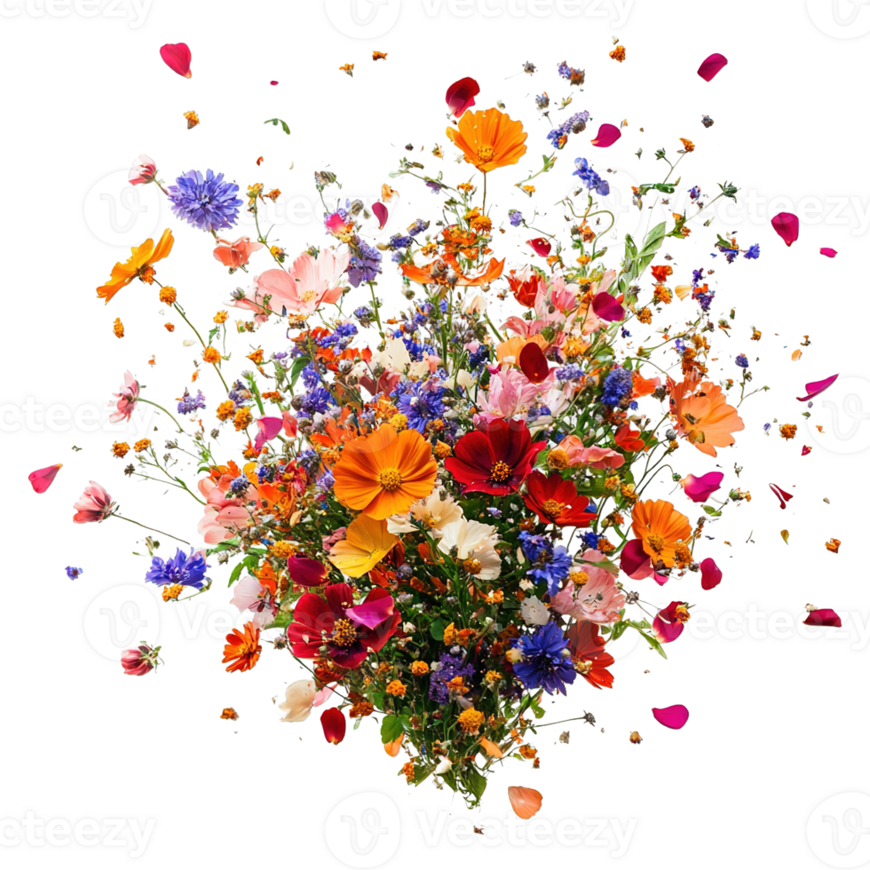Burst of Multicolored Flowers and Petals Suspended in Motion Isolated on Transparent Background png