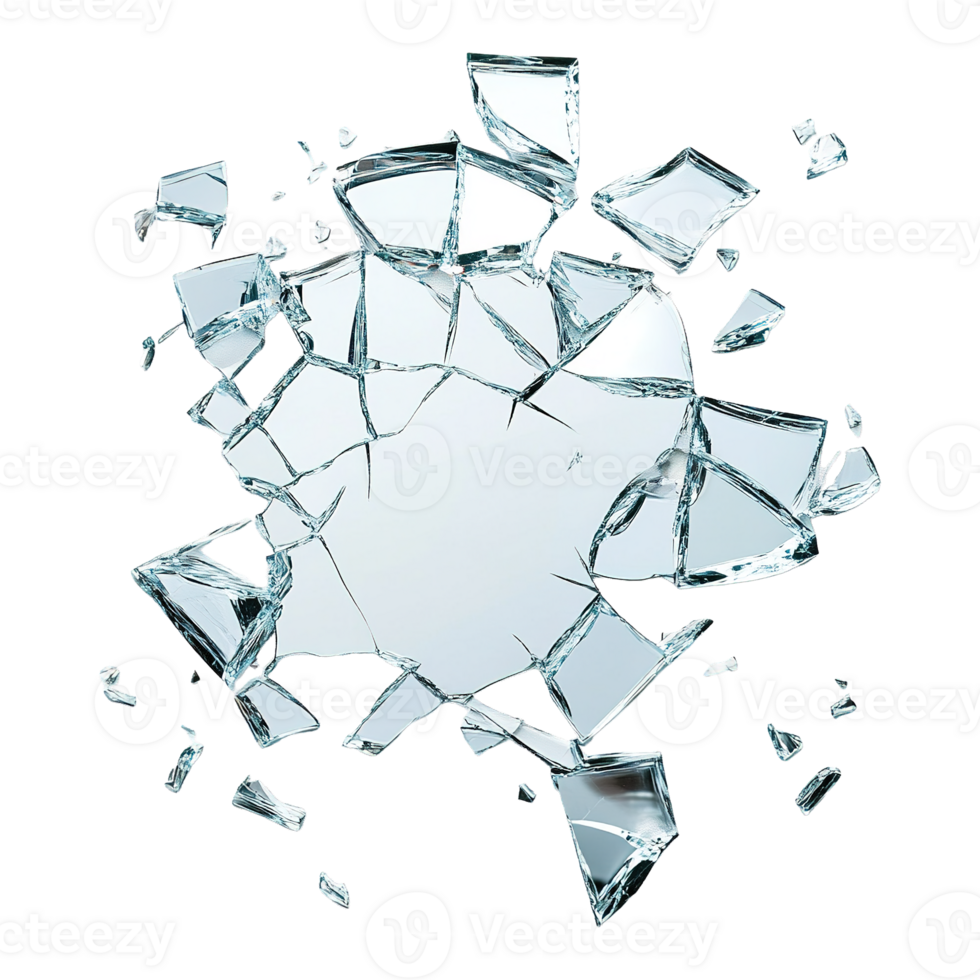 Glass Break Effect Featuring Cracked Mirror and Floating Sharp Shards in Motion Isolated on Transparent Background png