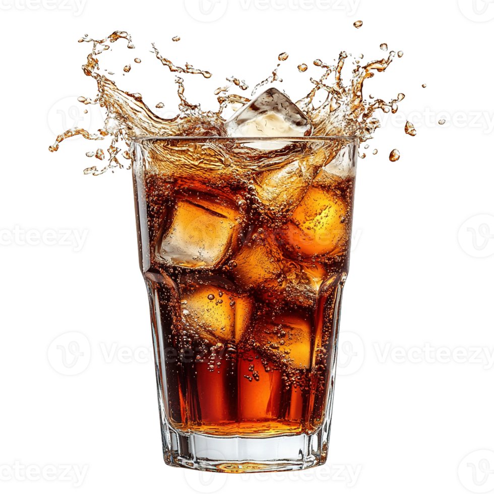 Glass of Cold Cola with Ice Exploding in Dramatic Splash Isolated on Transparent Background png