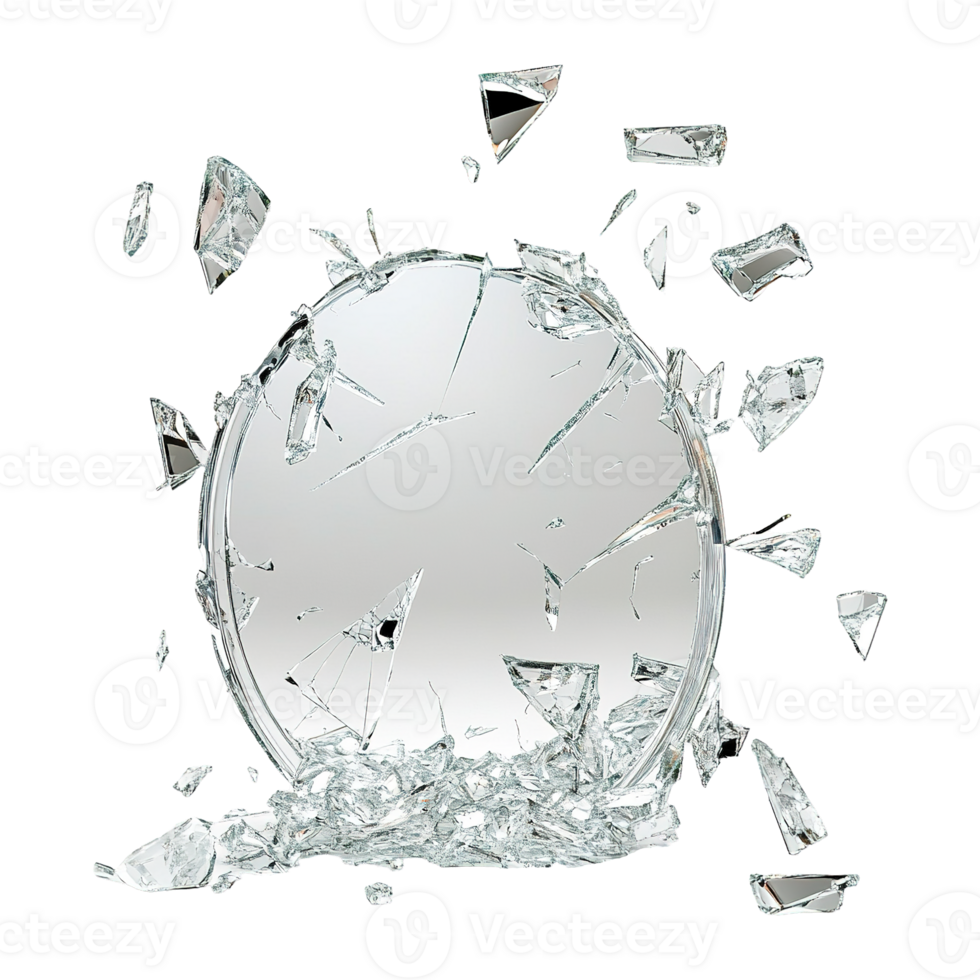 Dynamic Burst of Breaking Mirror with Scattered Glass Pieces Flying Through Air Isolated on Transparent Background png