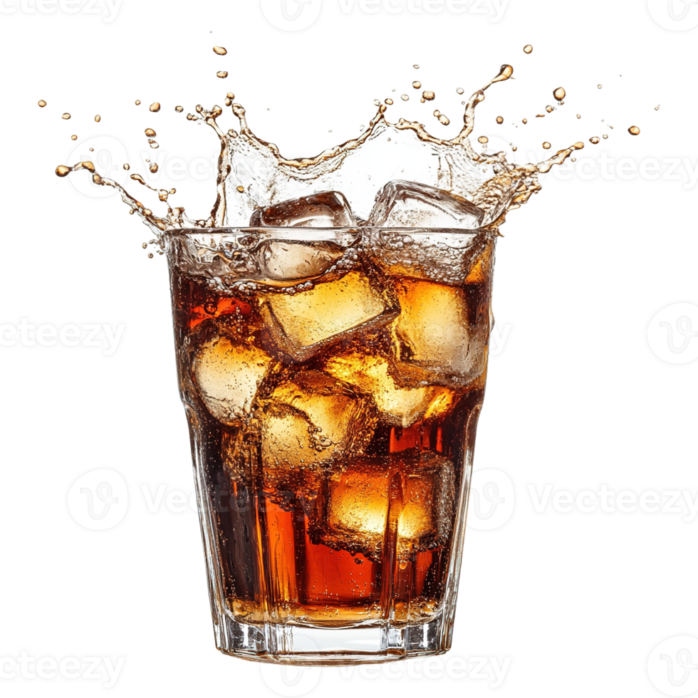 High-Speed Capture of Fizzy Cola Splashing Out of Glass with Ice Isolated on Transparent Background png