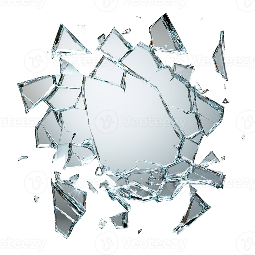 Broken Mirror Explosion Showing Sharp Glass Shards and Cracks Spreading Outward Isolated on Transparent Background png