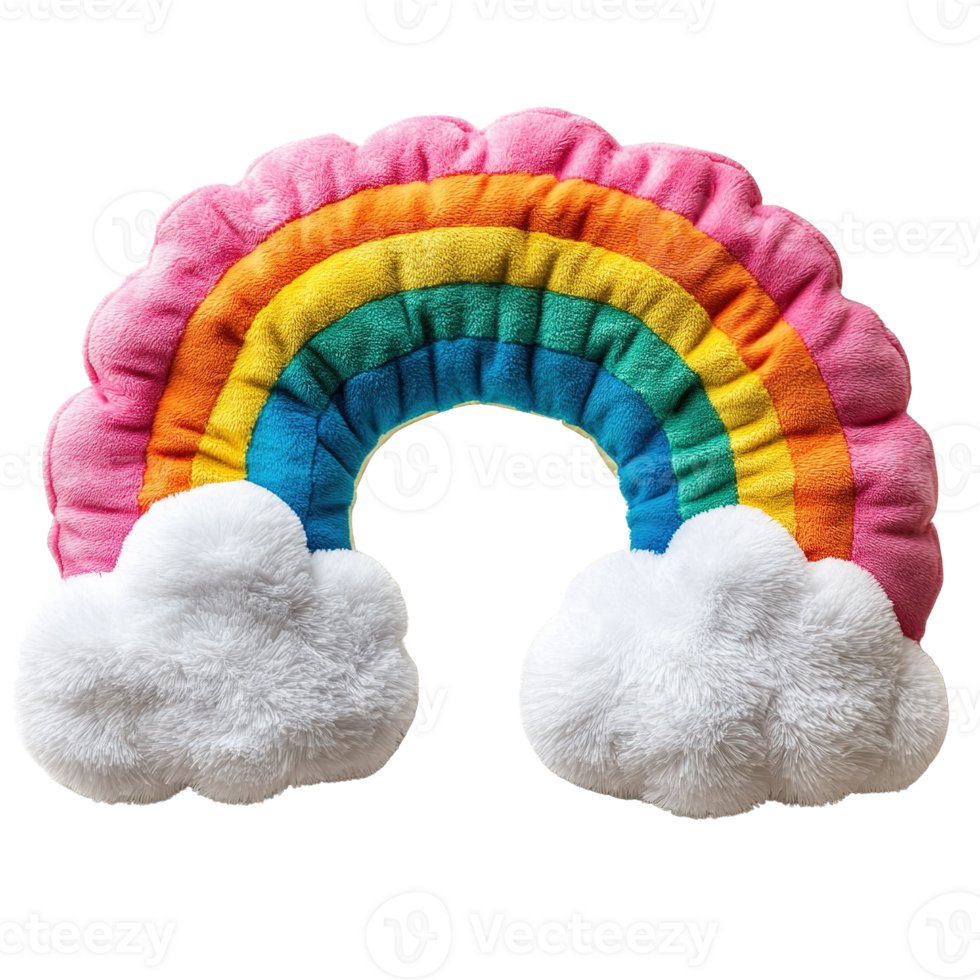 Soft Rainbow Plush Pillow with Bright Rainbow Bands and Puffy White Clouds Isolated on Transparent Background png