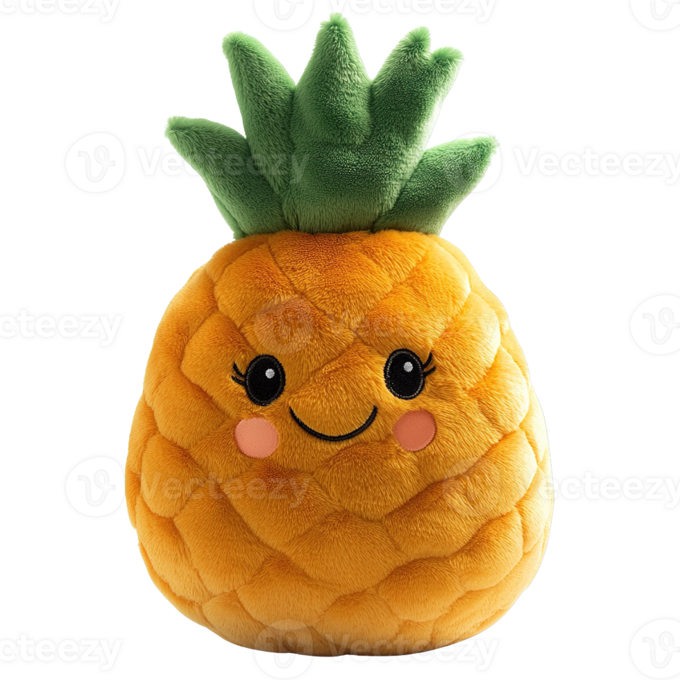 Adorable Smiling Pineapple Plush Toy with Soft Quilted Texture and Green Leaf Top Isolated on Transparent Background png