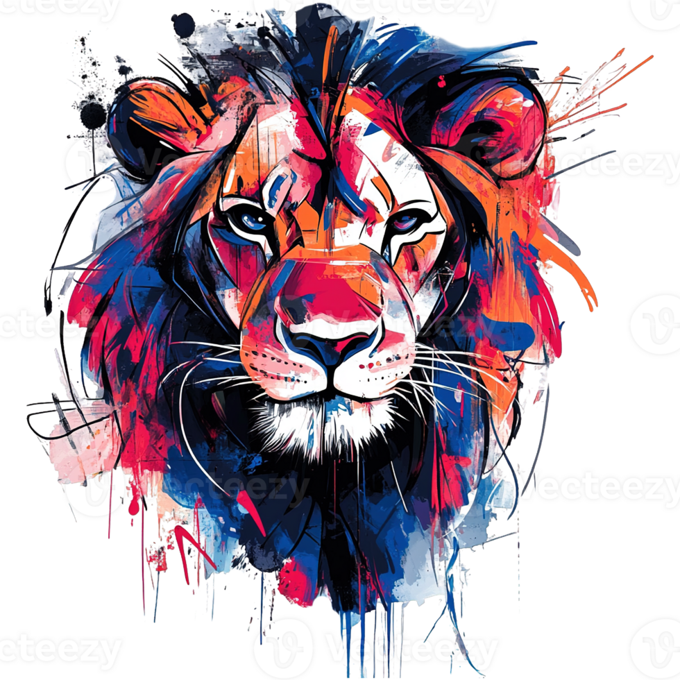 Vibrant Artistic Lion Head with Neon Colors and Ink Splatters Isolated on Transparent Background png