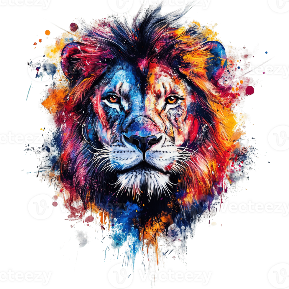 Colorful Urban Jungle Lion Featuring Bold Paint Splashes and Dynamic Textures Isolated on Transparent Background png